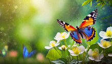 Butterfly On Flower In The Garden With Blurred Green Sunny Background