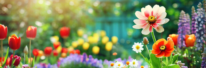 Sticker - Colorful flowers in the garden, spring gardening background with sunlight