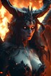 demon woman with horns and wings in an atmosphere of fire