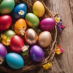  Colorful painted Easter eggs on wooden background. Happy Easter