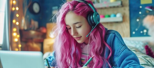 Poster - Girl With Pink Hair Using Laptop and Headphones for Online E-Learning Generative AI