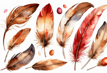 Wall Mural - watercolor illustration, brown red boho feather set, easter clip art, tribal accessories, design