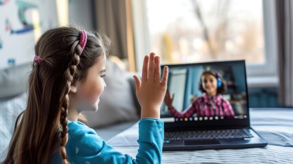 Poster - Little Girl Engaged in Online E-Learning Sitting in Front of Laptop Generative AI