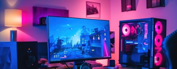 Poster - Person Sitting in Front of Computer Monitor Using Neon Gamer Gaming Generative AI