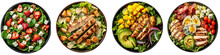 Salad plates with green leaves mix and vegetables with avocado or eggs, chicken and fruits on transparent background. Generative AI