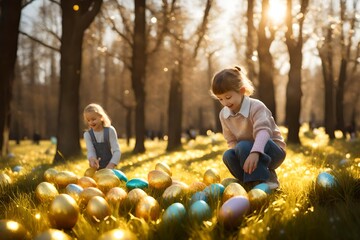 Wall Mural - A golden-themed Easter egg hunt set in a glistening meadow, where participants search for specially adorned eggs that shimmer in the sunlight.