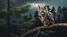 An Owl Sits On The Branch Of Some Pines