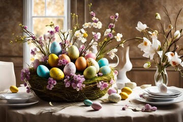 Wall Mural - A stunning floral arrangement adorned with Easter eggs, serving as a centerpiece for a festive and elegant celebration.