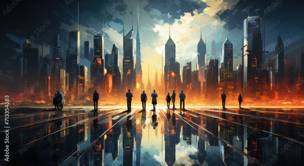 A diverse crowd gazes in awe at the towering skyscrapers and bustling ...