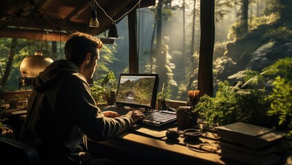 Poster - a professional businessman working diligently at his desk, surrounded by indoor clothing and natural