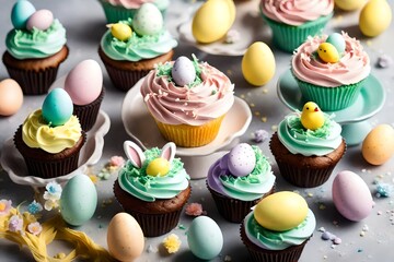 Wall Mural - Irresistible Easter-themed cupcakes adorned with pastel-colored frosting and delightful decorative elements, perfect for a sweet celebration.