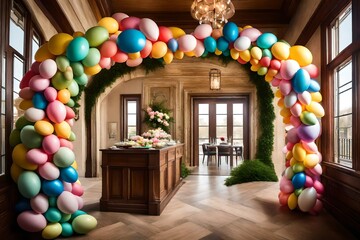 Wall Mural - An entrance adorned with a festive balloon arch shaped like Easter eggs, creating a welcoming and joyful atmosphere for guests.
