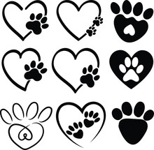 Black And White Silhouette Of A Cat Or Dog Paw Print With Heart Shape Isolated. Paw Print Sign And Symbol - Stock Vector Illustration