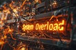 an overloaded, overheating electronic circuit board covered in sparks with a warning saying System Overload in bright letters. critical failure. 