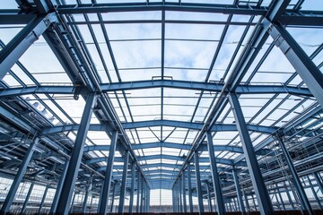 Wall Mural - closeup of a large steel structure surrounded by the construction area, sky light blue