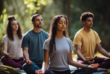 Fototapeta  - Young people group meditating and breathing in forest. Generative AI