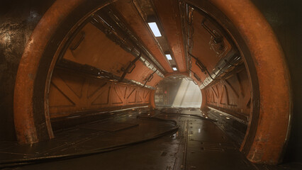 Poster - Dark grungy underground tunnel in a fantasy dystopian future industrial building. 3D rendering.