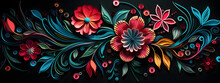 Abstract Floral Background, Impressive Wallpaper With Flowers On A Black Background, Colorful Curves, Paper Sculptures, Light Crimson And Azure