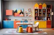 Kids playroom with functional and playful furniture, including storage units and a vibrant study desk.