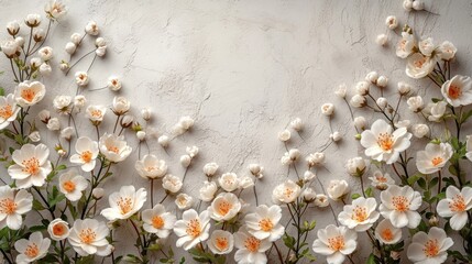 Poster -  a bunch of white flowers with orange centers on a white background with a place for a text or a picture.