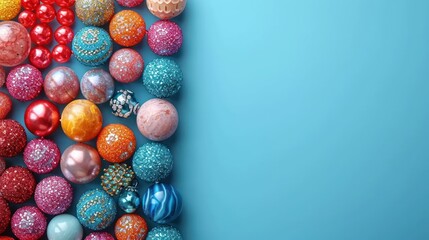 Sticker -  a blue background with a bunch of different colored balls and a ring on the end of one of the balls.