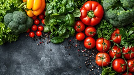 Canvas Print -  a bunch of different types of vegetables on a black surface with a chalkboard in the middle of the image.