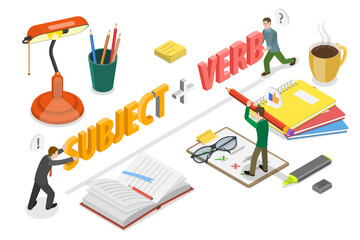 3D Isometric Flat  Conceptual Illustration of English Grammar , Sentence Structure with Subject and Verb