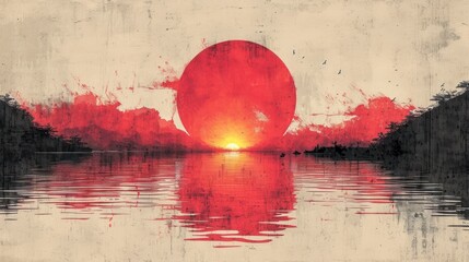 Poster -  a painting of a sunset over a body of water with a red ball in the middle of the water and trees in the background.