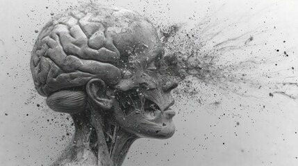 Poster -  a black and white photo of a human head with a splash of water coming out of it's brain.