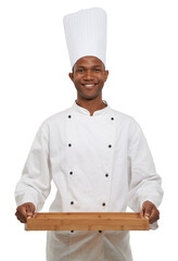 Wall Mural - Portrait, happy chef and tray in studio in hospitality career, young cook and pride in small business entrepreneur. Black man, face or food service in confidence or uniform by hat by white background