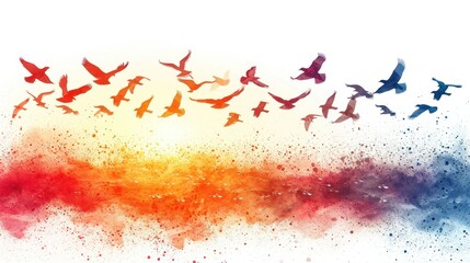 Poster -  a flock of birds flying in the sky over a rainbow colored cloud of smoke and dust with the sun in the background.