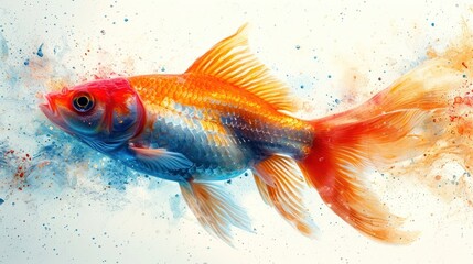 Sticker -  a painting of a goldfish in water with splashes of paint on the back of it's head.