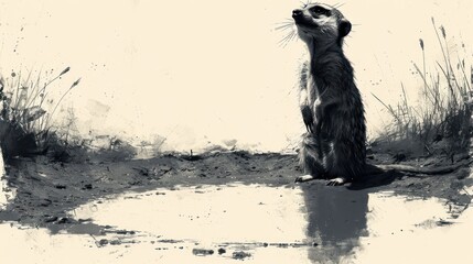 Poster -  a black and white photo of a meerkat standing on its hind legs and looking up at the sky.