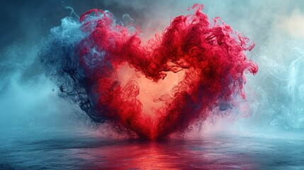 Canvas Print -  a red and blue heart in the middle of a body of water with smoke in the shape of a heart.