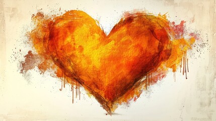 Poster -  a painting of a heart with orange and red paint splatters on the side of the heart and on the side of the wall.