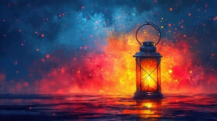 Canvas Print -  a painting of a lantern in the middle of a body of water with a sky full of stars in the background.