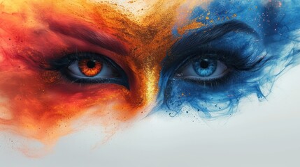 Canvas Print -  a close up of a person's face with blue, orange and yellow smoke coming out of their eyes.