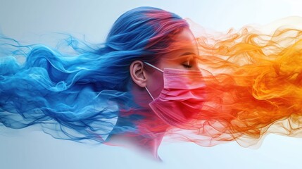 Wall Mural -  a woman with blue hair wearing a face mask and colored smoke behind her head is a multicolored photo of a woman's face.