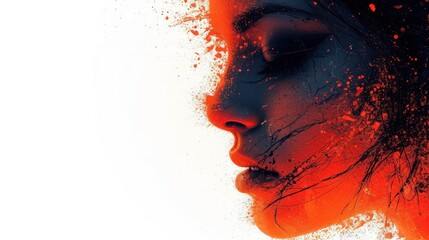 Wall Mural -  a close up of a woman's face with red paint splatters on her face and her hair blowing in the wind.