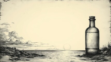 Sticker -  a black and white drawing of a bottle sitting on the edge of a body of water with a sky in the background.