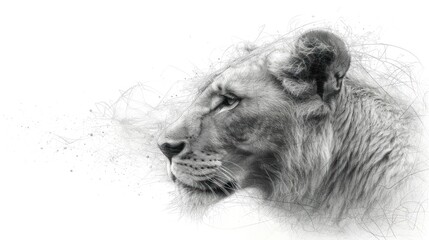 Poster -  a black and white photo of a lion's head with its eyes closed and hair blowing in the wind.