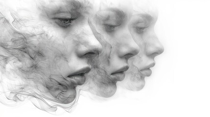 Canvas Print -  a black and white photo of a woman's face with smoke coming out of her eyes and behind her is a black and white photo of a woman's face.