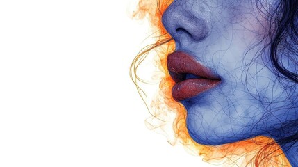 Sticker -  a close up of a woman's face with blue and orange smoke coming out of her mouth and a white background.