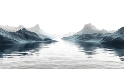 Poster -  a large body of water with icebergs in the middle of the water and mountains in the back ground.