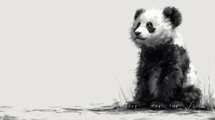 Wall Mural -  a black and white picture of a panda bear sitting on the ground with grass in front of it and a white wall behind it.