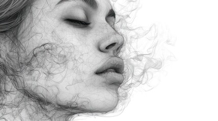 Wall Mural -  a black and white photo of a woman's face with smoke coming out of her mouth and a cigarette coming out of her mouth.