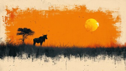 Poster -  a painting of a cow standing in a field with the sun setting in the background and a tree in the foreground.