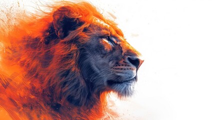 Poster -  a close up of a lion's head with bright orange streaks on it's fur and a white background.