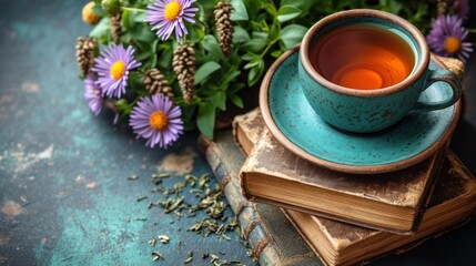 Poster -  a cup of tea sitting on top of a stack of books next to a bouquet of purple and yellow flowers.