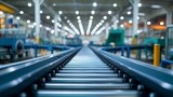 Fototapeta Perspektywa 3d - Motion blur conveyor belt in a factory warehouse. Industrial background.